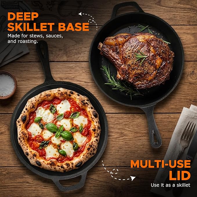 KICHLY Combo Cooker Cast Iron Dutch Oven with Lid 2 in1, PFAS Free Pre-seasoned Multi Cookware Skillet, 3.2QT Cast Iron Pan Dutch Oven Deep Pot with Frying Pan 10.25 Inch, Grill Induction Stovetop Camping