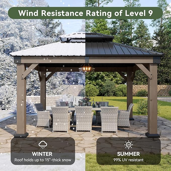 Aoxun 10' x 12' Outdoor Wood Gazebo, Hardtop Gazebo Permanent Wooden Pavilion with Galvanized Steel Double Roof, and LED Outdoor Waterproof Hanging Lights, for Patio, Garden, Deck, Cedar Wood