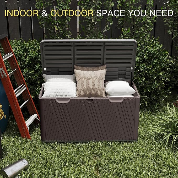 Kingdura 110 Gallon Outdoor Storage Box, Waterproof Resin Deck Box for Indoor and Outdoor Use, Lockable Storage Container for Patio Furniture Cushions Garden Tools (Coffee, 110 Gallon)
