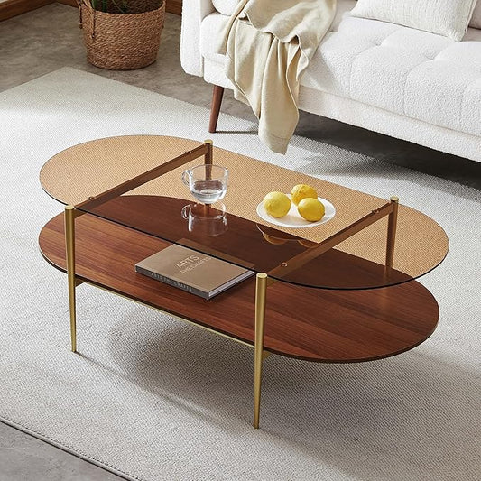 X-Large Oval Glass Coffee Table, Mid-Century Modern Design, L47 x W24 x H17 inch, for Living Room, Amber Glass Top and Walnut Finish Wood Shelf, Conical Legs with Gold Finish Frame