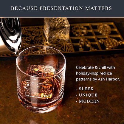 Clear Ice Cube Maker Design Tray - Craft Modern Ice Molds for Bourbon & Cocktails in 5 Seconds - Whiskey Mold Cube Stamp – Bartender Accessories - Copper Ice Press Cocktails by Ash Harbor (Holidays)