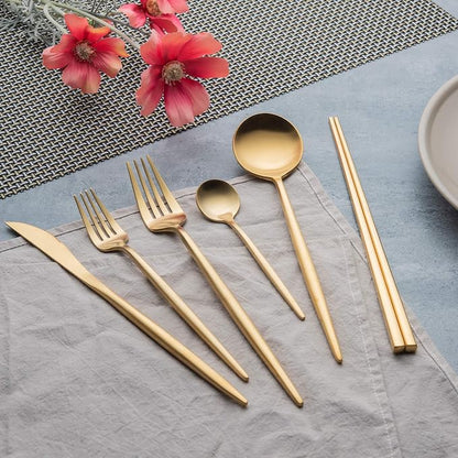 KiiZYs Matte Gold Silverware Set Cutlery Set - 14-piece 18/10 Stainless Steel Flatware Utensil Set - Korean Chopsticks Fork Spoon Knife - Reusable Dishwasher Safe - Gift Box (Gold, Service for 2)