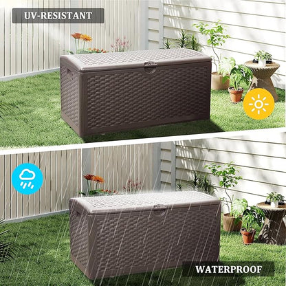 80 Gallon PLUS Lockable Deck Box, Waterproof & UV-Resistant Outdoor Storage for Patio Cushions, Heavy Duty Resin Deck Storage Container(Brown)