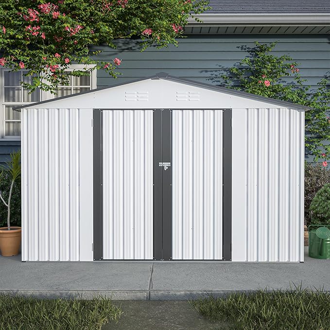 10X8 FT Outdoor Storage Shed, All Weather Metal Sheds with Lockable Doors, Tool Shed for Garden, Patio, Backyard, Lawn, White