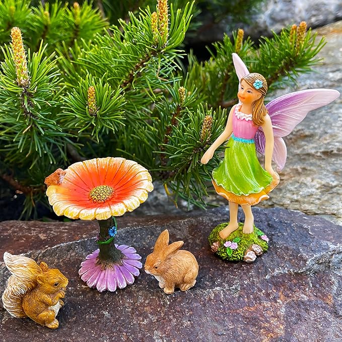 Mood Lab Fairy Garden Kit - Miniature Figurines & Accessories - Flower Set of 4 pcs - for Outdoor or House Decor