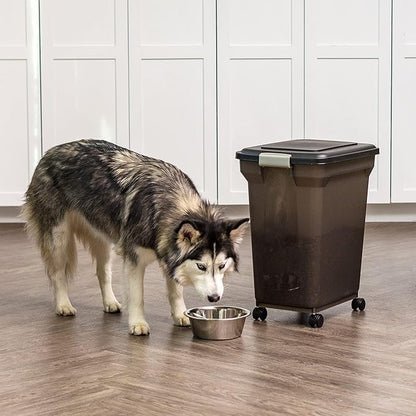 IRIS USA Airtight Dog Food Storage Container, WeatherPro, Up to 40 lbs, Removable Wheels, for Dog Cat Bird and Other Pet Food Storage Bin, Keep Fresh, Translucent Body, Made in USA, Smoke/Black