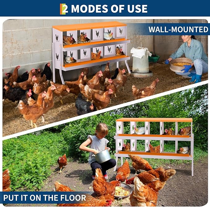 Chicken Nesting Boxes,10 Compartments Galvanized Steel Metal Laying Boxes with Leg,Pull-Out Egg Box Easy Egg Collection & Clean,Wall Mount Suitable for Farm Chicken House,Orange