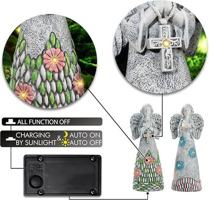 TERESA'S COLLECTIONS Angel Garden Statues with Solar Outdoor Light for Garden Decor, 2 Pack Resin Angel Grave Cemetery Decorations for Outdoor Decor, Memorial Angel Yard Decor Gifts for Mom, 11”