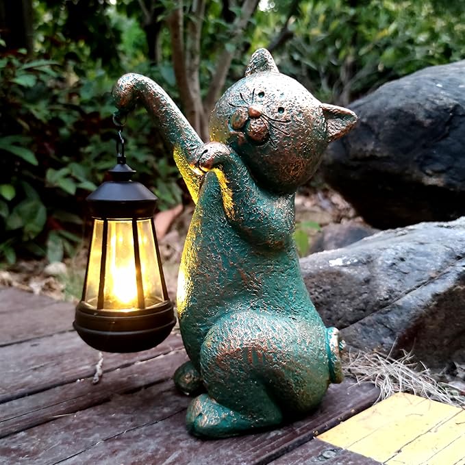 Cat Garden Statue Outdoor Décor with Solar Lights Lantern,Cat Solar Light Figurines Outside Decorations for Yard，Lawn Patio, Balcony, Unique Housewarming Gifts