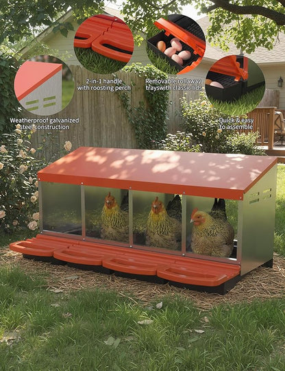 Chicken Nesting Boxes, 4 Hole Metal Rollaway Nest Box for Laying Hens with Cleanable Pull-Out Trays Wall Mount or Placed Design for Easy Egg Collection & Cleaning