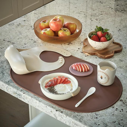 LINE+ARC Oval Silicone Degrē Placemats, Chalk (20.5"x13", Set of 2) | Modern dining table mats with 3mm raised spill rim, waterproof, heat-safe, stain-resistant, non-slip design, white