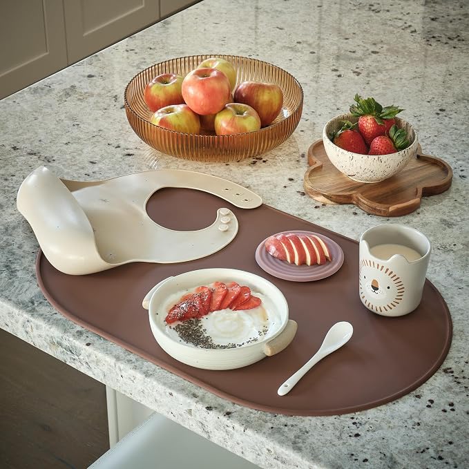 LINE+ARC Oval Silicone Degrē Placemats, Stonewash (20.5"x13", Set of 2) | Modern dining table mats with 3mm raised spill rim, waterproof, heat-safe, stain-resistant, non-slip design, blue
