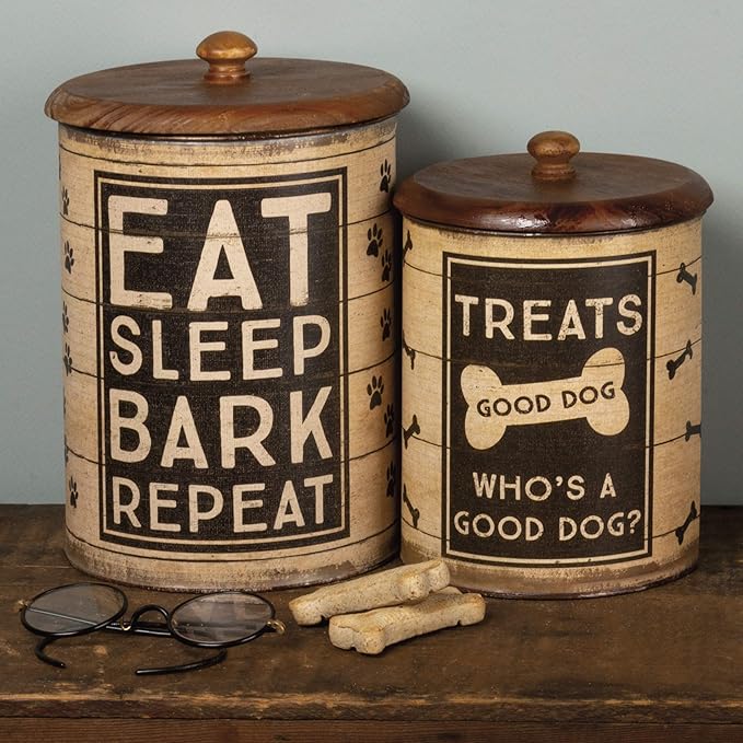 Primitives by Kathy Rustic Pet Tin Bins - Dog Food & Toy Storage Set, 'Toys & Beware of Wigglebutts' Themed Containers