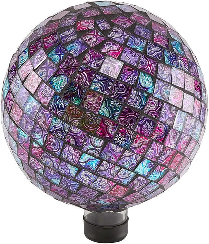 Alpine Corporation 10" Diameter Indoor/Outdoor Glass Mosaic Gazing Globe Yard Decoration, Purple Embossed Tile