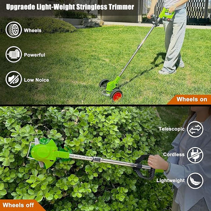 Electric Weed Wacker Eater Battery Powered, Cordless 21V Weed Trimmer with 2 Battery Operated & Charger & Wheels & Shears, 3 in 1 Lightweight Grass Trimmer/Edger/Brush Cutter for Garden Yard Lawn