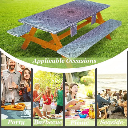 Wrakus Picnic Table Cover with Bench Covers Vinyl Elastic Edges Fitted Rectangle Seat Tables Waterproof 3-Piece72X30in Set Outdoor Rectangular Folding Backing Tablecloth for Camping Over Size