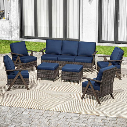 7 Pieces Patio Furniture Set,Outdoor Sofa & High Back Wicker Patio Chairs, Patio Conversation Set with Ottoman for Deck Yard and Poolside