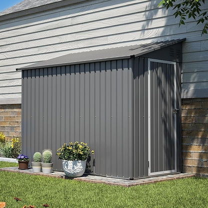4x8 FT Lean to Metal Shed,Outdoor Storage Shed W/Floor Frame & Reversible Installation,All Weather Waterproof Garden Tool House W/Lockable Door & 2 Air Vents,for Backyard,Patio,Lawn,Gray