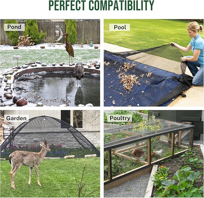 Pond Netting Cover for Leaves, 14 x 14 Koi Pond Net Cover, Durable & Sturdy Pond Netting for Koi Ponds, Protect Koi Fish Against Herons, Raccoons, Cats & Predators, 14pcs Stakes Included