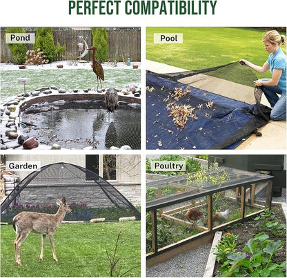 Pond Netting Cover for Leaves, 14 x 14 Koi Pond Net Cover, Durable & Sturdy Pond Netting for Koi Ponds, Protect Koi Fish Against Herons, Raccoons, Cats & Predators, 14pcs Stakes Included