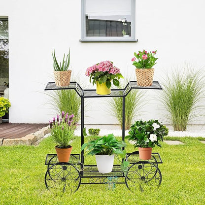 Safstar 6 Tiered Metal Plant Stand w/4 Decorative Wheels, Multilayer Flower Display Shelf for Home, Garden, Patio, Parisian Style Potted Plant Rack Holder