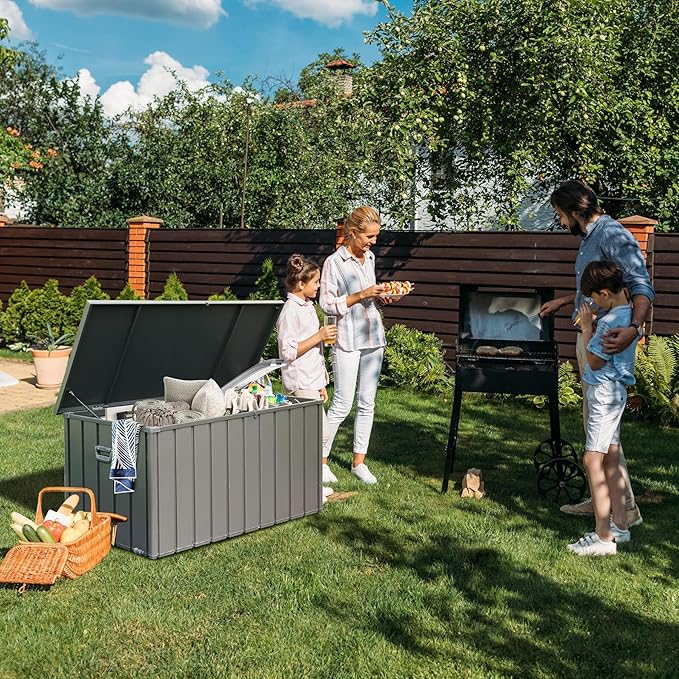 Domi Deck Box 200 Gallon, Waterproof Lockable Steel Outdoor Storage Container for Outside Cushions, Garden Tools and Pools Equipment(Gray)