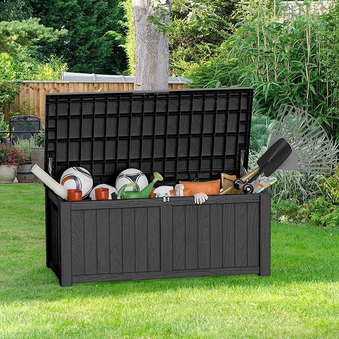 Extra-Large 150 Gallon Outdoor Chest Storage Waterproof - Outside Storage Box & Bench, Resin Deck Chest for Patio/Pool, Lockable UV-Resistant, Onyx Black