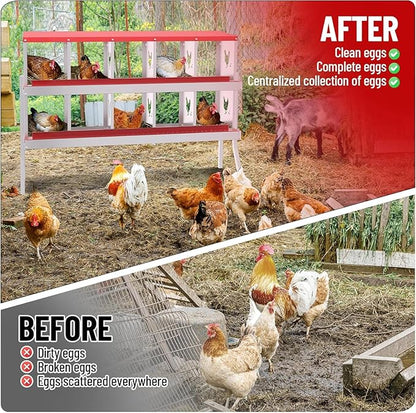 TrailBlaze 10 Compartment Chicken Nesting Box with Metal Legs, Chicken Egg Laying Boxes with Rollout Egg Collection, Large Vented Holes Chicken Coop for Chickens, Hens (Red)
