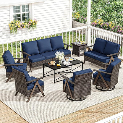 8 Pieces Patio Furniture Set,Outdoor Loveseat Sofa & High Back Swivel Rocker Patio Chairs, Wicker Conversation Set with Coffee Table and Side Table for Deck Yard and Poolside