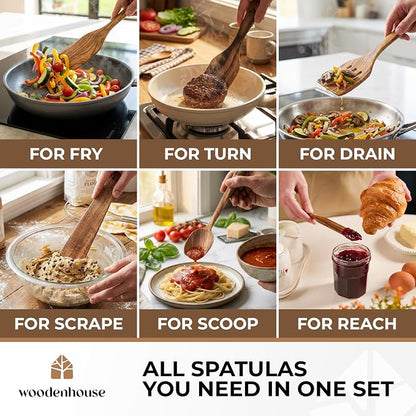 Wooden Spatula for Cooking, Teak Set of 6 for Non-Stick & Cast Iron | Includes Turner, Scraper, Slotted, Frying Tools, Jar Scraper & Spoonula – Scratch-Free, Easy to Clean