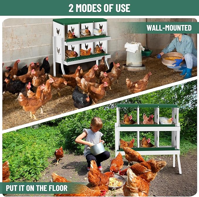 6 Holes Chicken Nesting Boxes, 2 Tiers 6 Compartments Metal Egg Laying Boxes with Legs, Wall Mount or Free Standing, Ventilated for Chickens, Hens, Ducks, Farm, Yard, Poultry Coop Accessories, Green