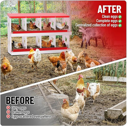 Chicken Nesting Boxes,8 Compartments Galvanized Steel Metal Laying Boxes,Pull-Out Egg Box Easy Egg Collection & Clean,Wall Mount Suitable for Farm Chicken House,Red