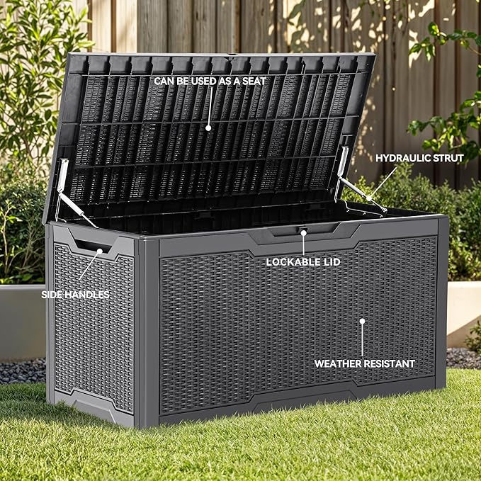 YITAHOME 100 Gallon Large Resin Deck Box Outdoor Storage Boxes for Patio Furniture, Outdoor Cushions, Garden Tools and Pool Supplies-Waterproof,Lockable (Dark grey)