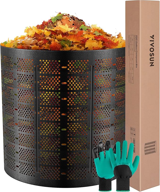 VIVOSUN 220 Gallon Outdoor Compost Bin, Expandable Composter, Easy to Setup & Large Capacity for Backyard, Lawn (Black with Gloves)