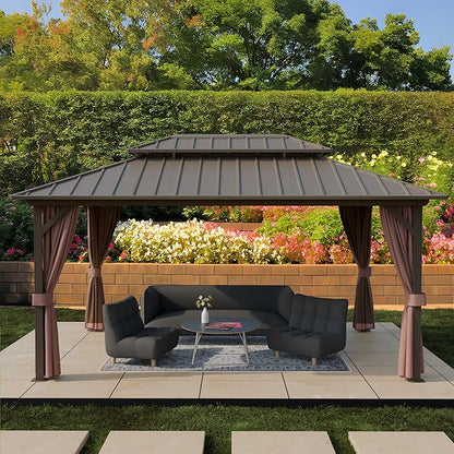 12'x16' Hardtop Gazebo, Outdoor Aluminum Frame Galvanized Steel Double Roof Pavilion with Netting and Shaded Curtains, Permanent Metal Pergolas for Patio, Backyard, Deck and Lawns.