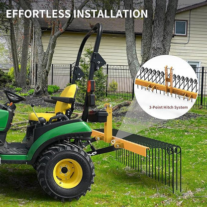 YITAMOTOR 60" Tow Behind Landscape Rake, 3 Point Quick Hitch Lawn Dethatcher Rakes with 26 Steel Tines for Category 1 Tractors, Heavy Duty Powder Coated Finish Tools for Leaves, Pine Needles, Straw