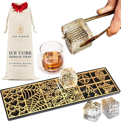 Clear Ice Cube Maker Design Tray - Craft Modern Ice Molds for Bourbon & Cocktails in 5 Seconds - Whiskey Mold Cube Stamp – Bartender Accessories - Copper Ice Press Cocktails by Ash Harbor (Holidays)
