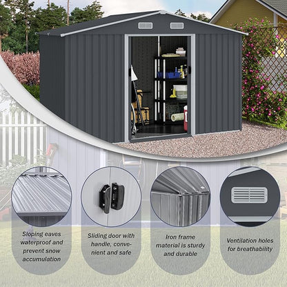8x10 FT Outdoor Tool Shed, Metal Garden Shed with Sloped Roof, Corrosion-Resistant, UV-Protected Steel Storage for Backyard, Lawn, Garden Tools, Easy Assembly