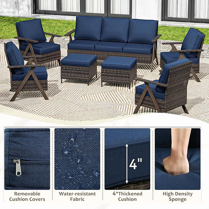 7 Pieces Patio Furniture Set,Outdoor Sofa & High Back Wicker Patio Chairs, Patio Conversation Set with Ottoman for Deck Yard and Poolside
