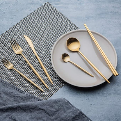 KiiZYs Matte Gold Silverware Set Cutlery Set - 14-piece 18/10 Stainless Steel Flatware Utensil Set - Korean Chopsticks Fork Spoon Knife - Reusable Dishwasher Safe - Gift Box (Gold, Service for 2)