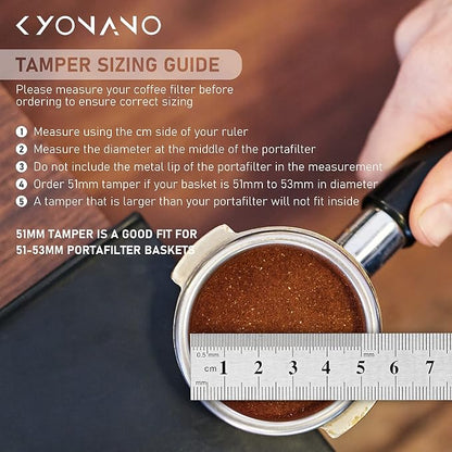 KYONANO Espresso Tamper 51mm - Tamper with Chacate Preto Wood Handle - Coffee Tamper plus Milk Frothing Pitcher 350ml & Silicone Tamper Mat - Tamper fits 51mm Delonghi Portafilter