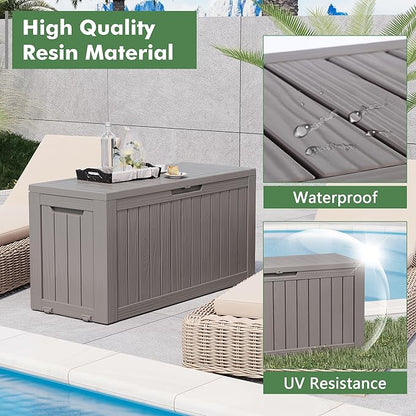 NUNU LAB 76 Gallon Deck Box, Large Resin Outdoor Storage Box, Waterproof Patio Storage Container with Double Wall Panels for Cushions, Garden Tools, Pool Toys, and Packages,Grey