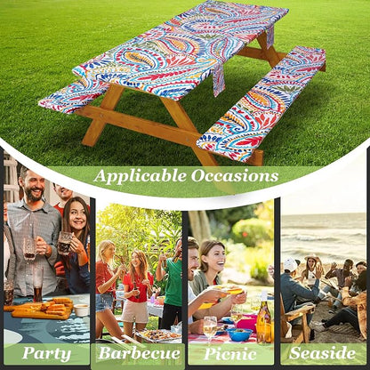 Fitted Picnic Table Cover with Bench Covers Waterproof Elastic Edges Rectangle Patio Tablecloth Outdoor Camping Essentials Stuff Rv Accessories Summer Trip Travel Supplies Party Camper Gifts, 6 ft