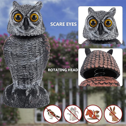Hausse 2 Pack Bird Scarecrow Fake Owl Decoy Sculpture, Rotating Head Plastic Owl Bird Deterrents, 10.6 Inch Height Nature Enemy Horned Pest Repellent for Outdoor Garden Yard