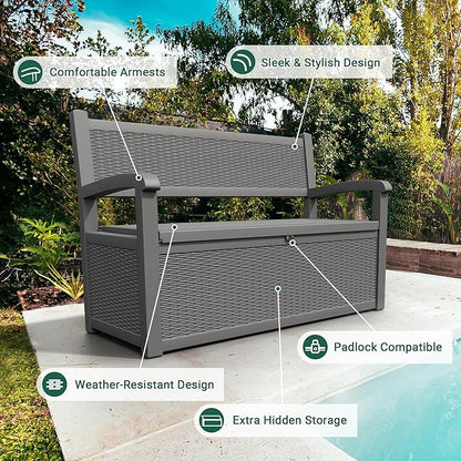 70 Gallon Outdoor Storage Bench Deck Box Lockable for Patio Furniture, Outdoor Porch Bench with Storage Waterproof for Cushions, Garden Tools and Pool Supplies, Grey