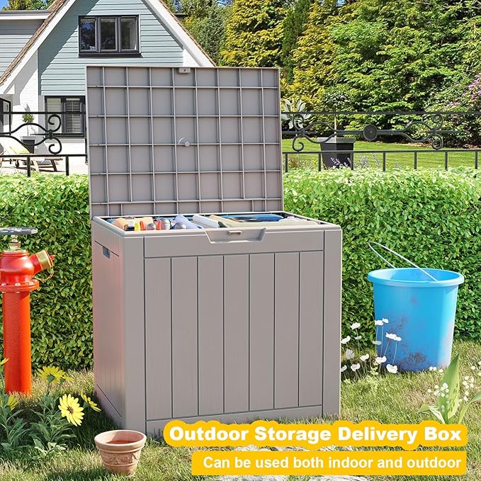 ROJIK Outdoor Storage Housing Deck Box - Waterproof Patio Furniture, Garden Tools, Cushions, Pool Accessories Storage Bench with Lockable Lid and Side Handles (Grey, 30 Gal)