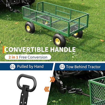 GarveeLife 900 LBS Garden Cart on Wheels with Adjustable Handles, Heavy Duty Steel Garden Wagon with Removable Mesh Sides to Convert into Flatbed, Wagon Cart for Lawn Farm Yard