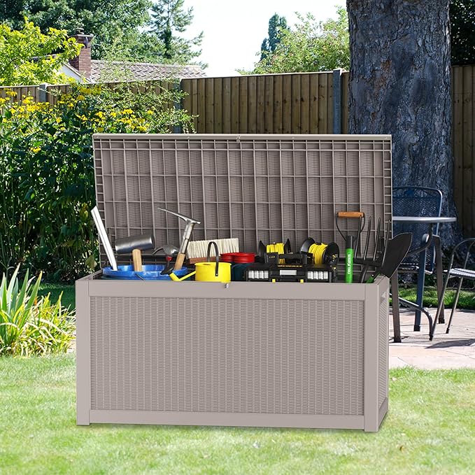 320GAL Brown High - End Wicker - Textured Outdoor Deck Box with Lock Hole - Waterproof, SGS - Certified UV Protection, Exquisite Storage for Luxury Patio Decor and Premium Outdoor Cushions