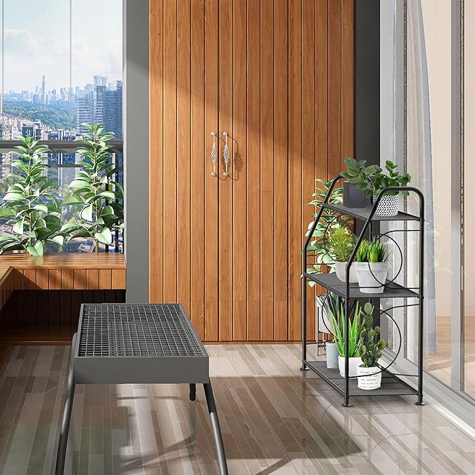 Plant Stand, 3 Tier Plant Shelf for Indoor Outdoor, Heavy Duty Metal Outdoor Plant Stand Holder Rack for Living Room Balcony and Garden, Black