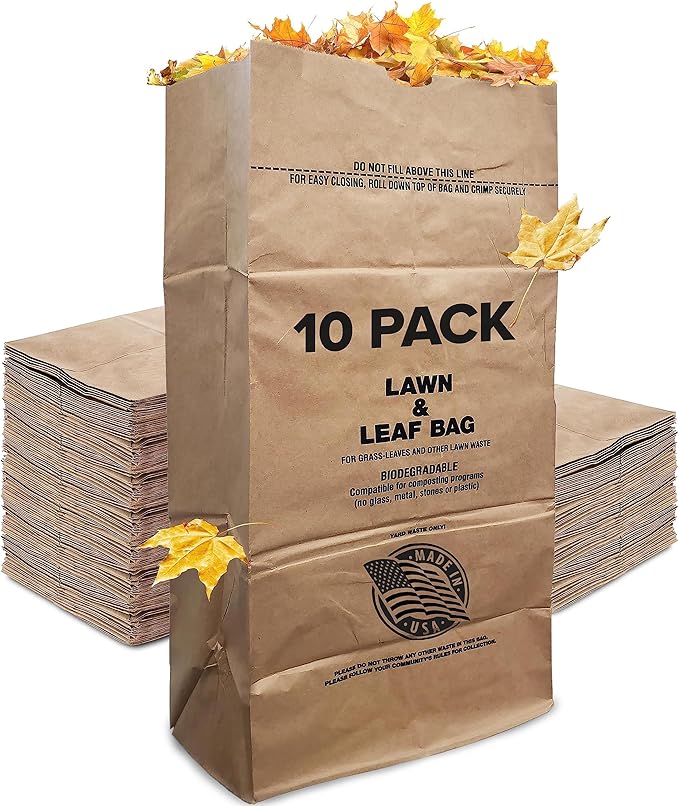30 Gallon Kraft Lawn and Leaf Bags (10 Pack) Eco-Friendly Heavy Duty Large Paper Trash Bags, Made in the USA Tear Resistant Yard Waste Bags for Grass Clippings, Wet and Dry Leaves, Weeds, Twigs